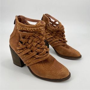 Free People Carrera Boots Brown Leather Woven Booties with Stacked Heel 38